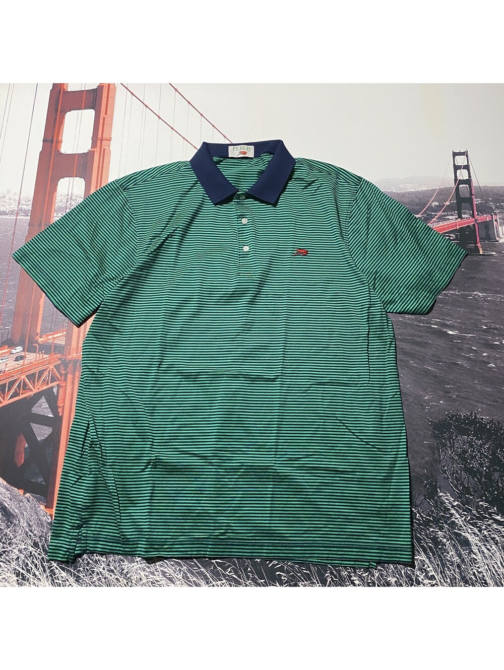 Perlis Polo Shirt Men Size XL Performance Golf Lobster Logo Short Sleeve Striped